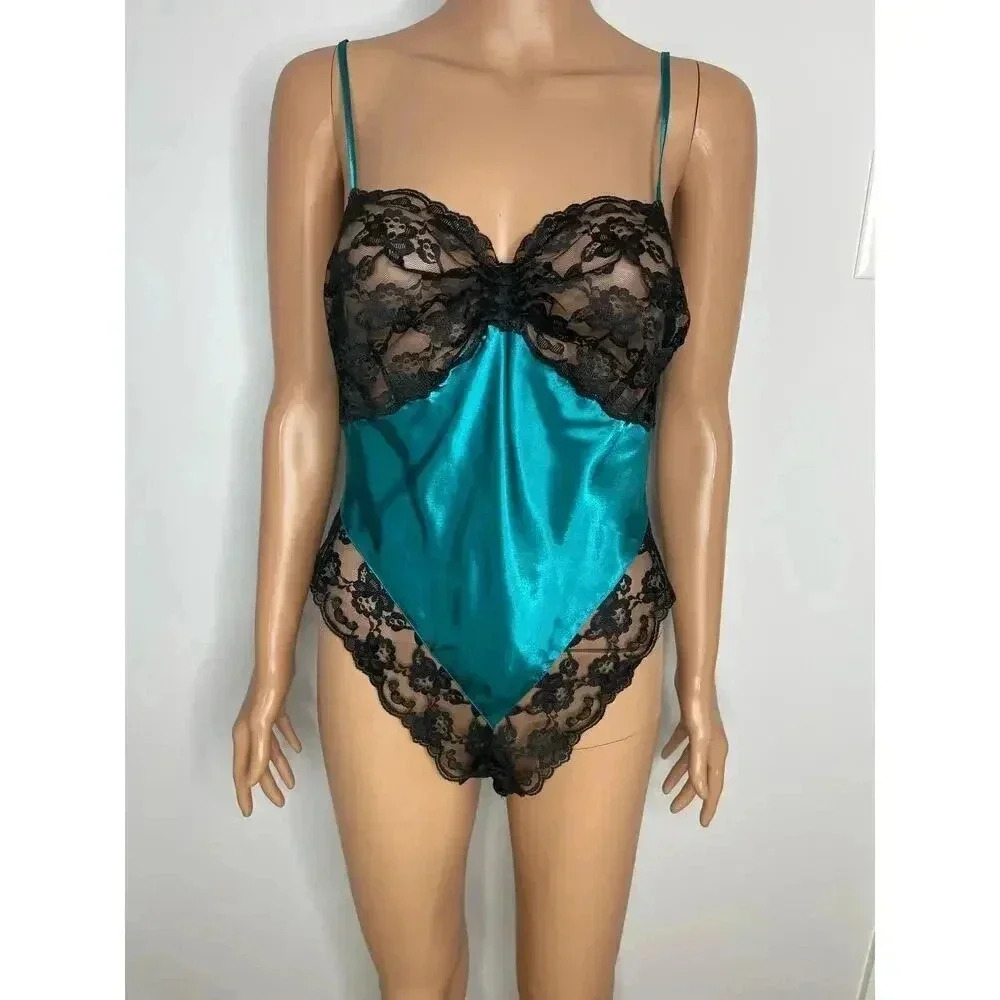 Vintage Victoria’s Secret Gold label Satin Lace Lingerie Teddy size S Teal/Black